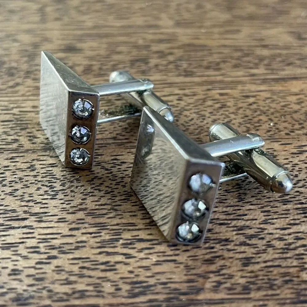 Men's Cuff Links Silver Tone Rhinestones Asymmetrical Square Vintage Retro Party